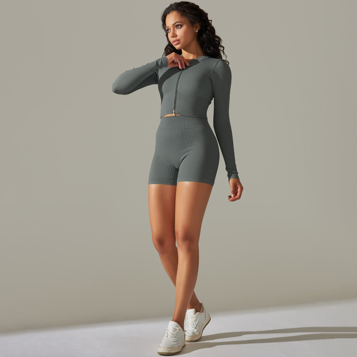 Seamless Yoga Clothes Running Fitness Zipper Top Hip-Lifting Tight Shorts Quick-Drying Sports Suit Women