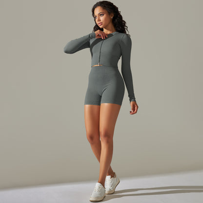 Seamless Yoga Clothes Running Fitness Zipper Top Hip-Lifting Tight Shorts Quick-Drying Sports Suit Women