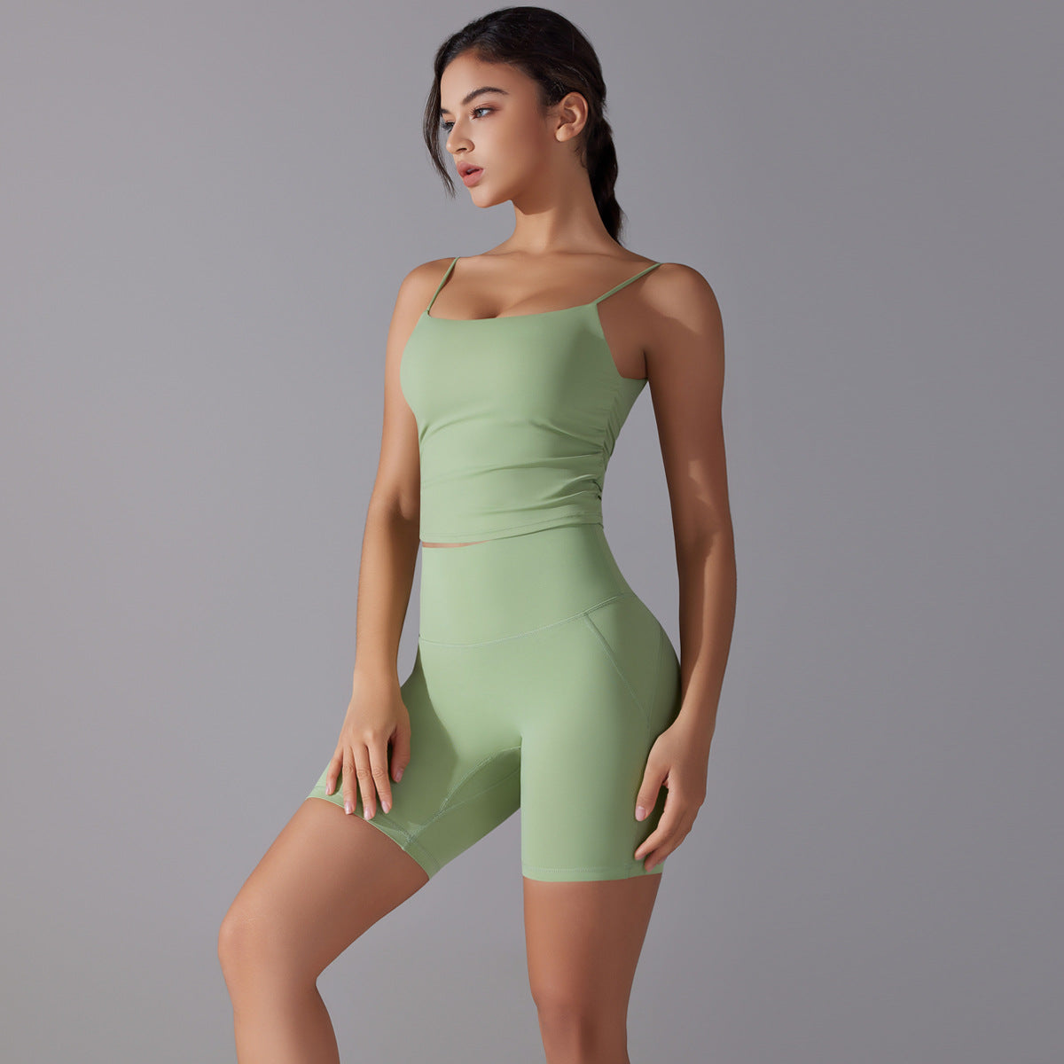 Custom double-sided brocade comfortable skin-friendly nude sports camisole vest hip-lifting fitness yoga pants bra shorts set