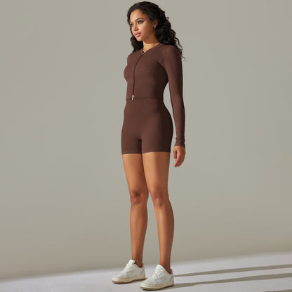 Seamless Yoga Clothes Running Fitness Zipper Top Hip-Lifting Tight Shorts Quick-Drying Sports Suit Women