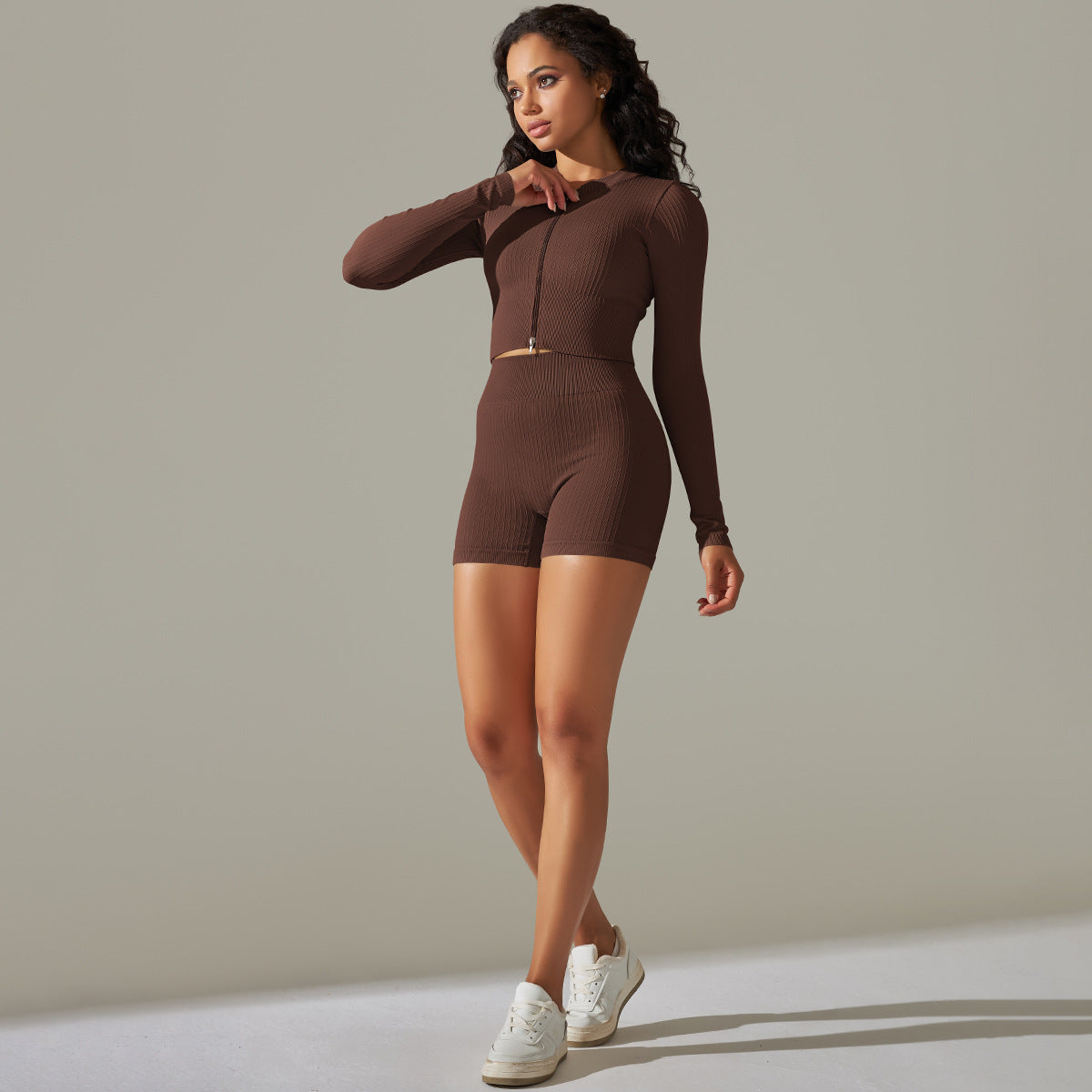 Seamless Yoga Clothes Running Fitness Zipper Top Hip-Lifting Tight Shorts Quick-Drying Sports Suit Women
