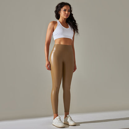 Custom Spot  cross-border PU leather pants high elasticity solid color bright black tight trousers running fitness yoga pants