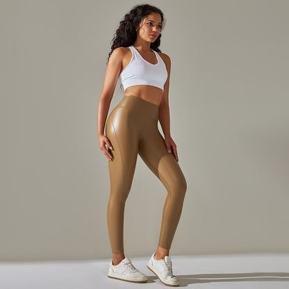 Custom Spot  cross-border PU leather pants high elasticity solid color bright black tight trousers running fitness yoga pants