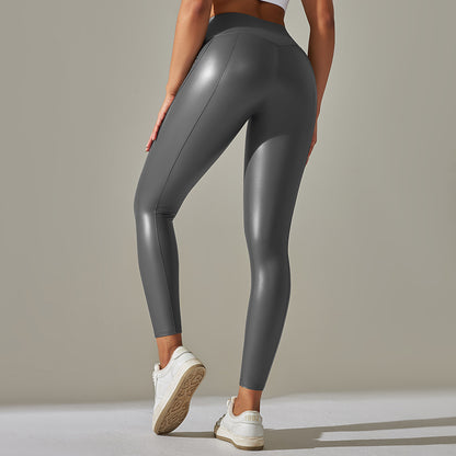 Custom Spot  cross-border PU leather pants high elasticity solid color bright black tight trousers running fitness yoga pants