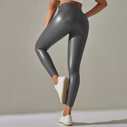 Custom Spot  cross-border PU leather pants high elasticity solid color bright black tight trousers running fitness yoga pants