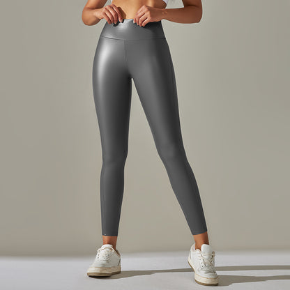 Custom Spot  cross-border PU leather pants high elasticity solid color bright black tight trousers running fitness yoga pants