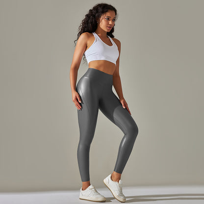 Custom Spot  cross-border PU leather pants high elasticity solid color bright black tight trousers running fitness yoga pants