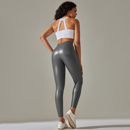 Custom Spot  cross-border PU leather pants high elasticity solid color bright black tight trousers running fitness yoga pants