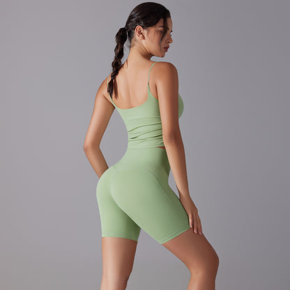Custom double-sided brocade comfortable skin-friendly nude sports camisole vest hip-lifting fitness yoga pants bra shorts set