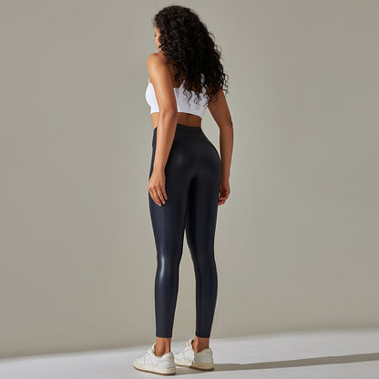 Custom Spot  cross-border PU leather pants high elasticity solid color bright black tight trousers running fitness yoga pants