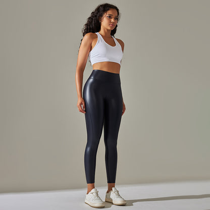 Custom Spot  cross-border PU leather pants high elasticity solid color bright black tight trousers running fitness yoga pants
