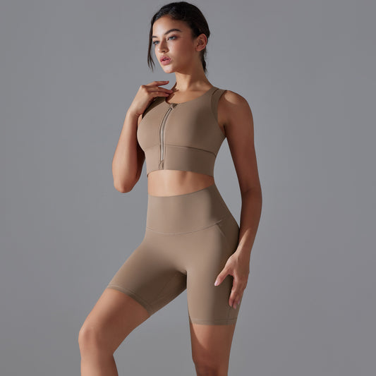 Custom underwear nude shorts yoga suit zipper high-strength integrated shockproof yoga vest two-piece suit