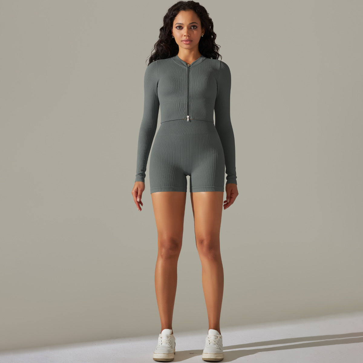 Seamless Yoga Clothes Running Fitness Zipper Top Hip-Lifting Tight Shorts Quick-Drying Sports Suit Women
